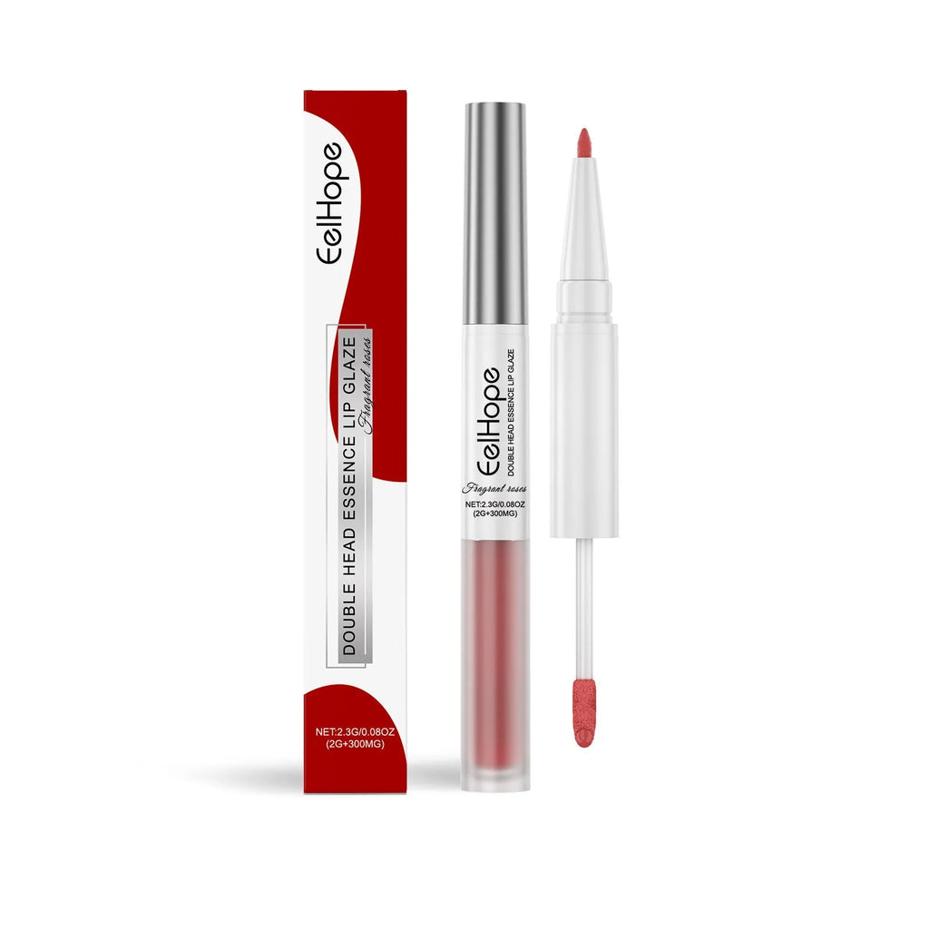 Double-headed lip liner and lip lacquer pen for makeup application in three colour shades.