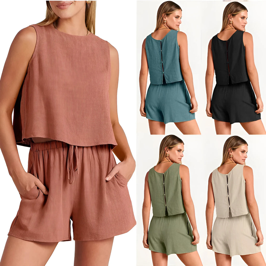 Women's two-piece summer set with sleeveless top and drawstring shorts in rayon linen blend available in multiple solid colours