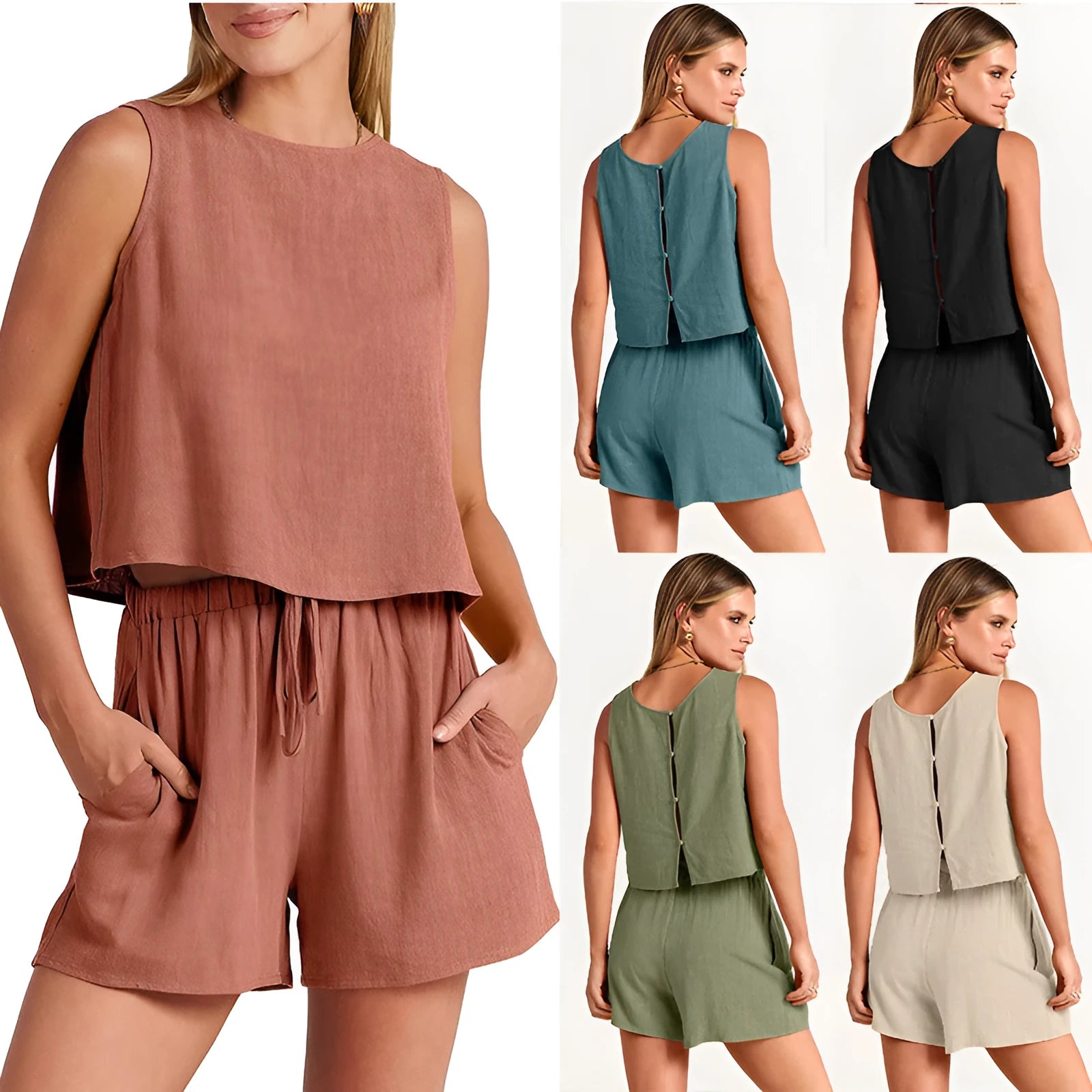 Women's two-piece summer set with sleeveless top and drawstring shorts in rayon linen blend available in multiple solid colours