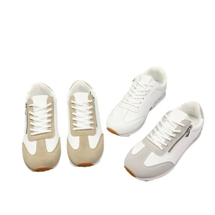 Women's flat-heeled casual shoes in grey, white or champagne with artificial PU upper and rubber sole
