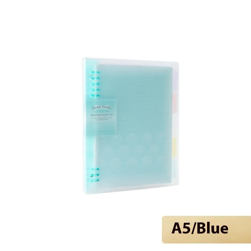 Refillable A5 and B5 spiral notebook with PP cover, shown in pastel cookie blue and plaid impression designs with loose-leaf paper.