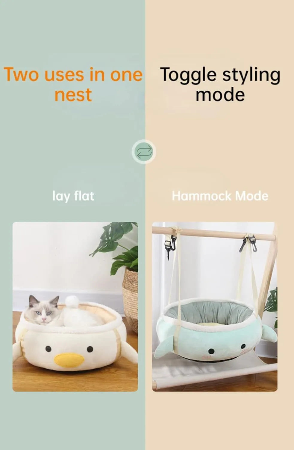 Green chick dinosaur shaped cat bed that can be used flat or hung as a hammock