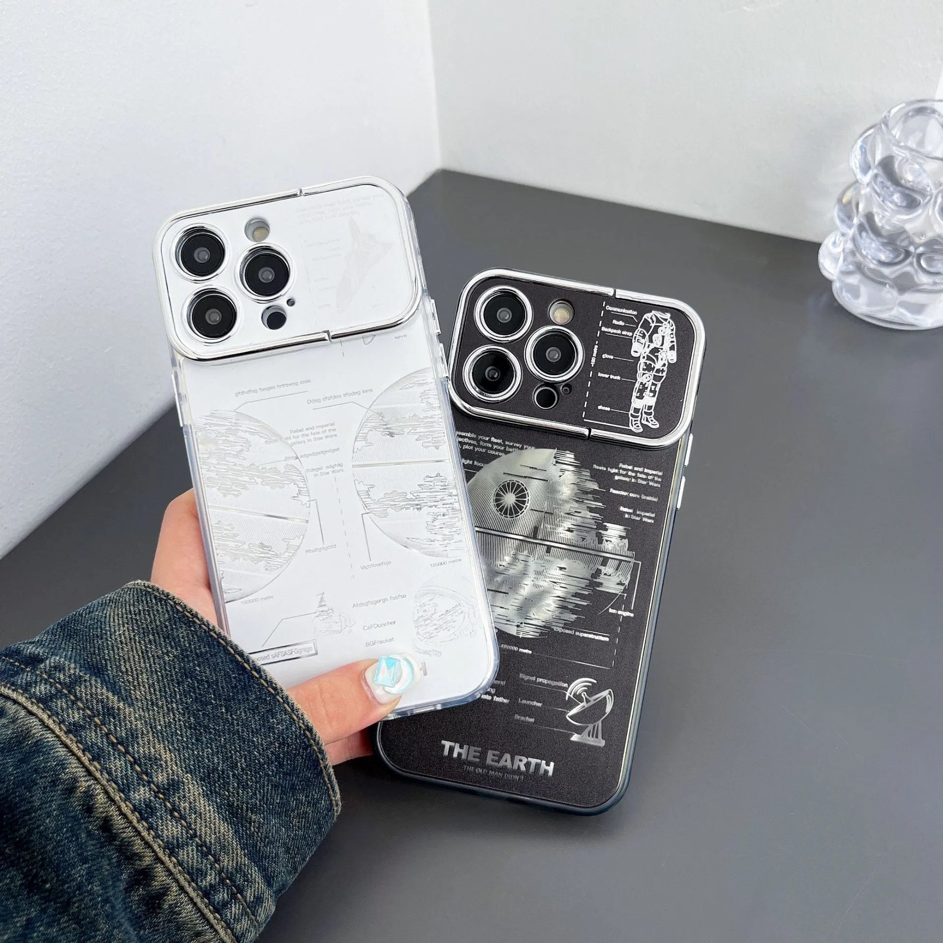 Pleated Bracket Phone Case Metal Planet for iPhone 11-14 Pro Max, two colour options shown