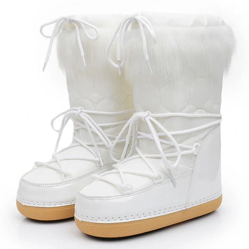 Women's white furry moon boots, fleece-lined mid-calf winter space boots, flat 2cm heel, PE sole, cross strap.