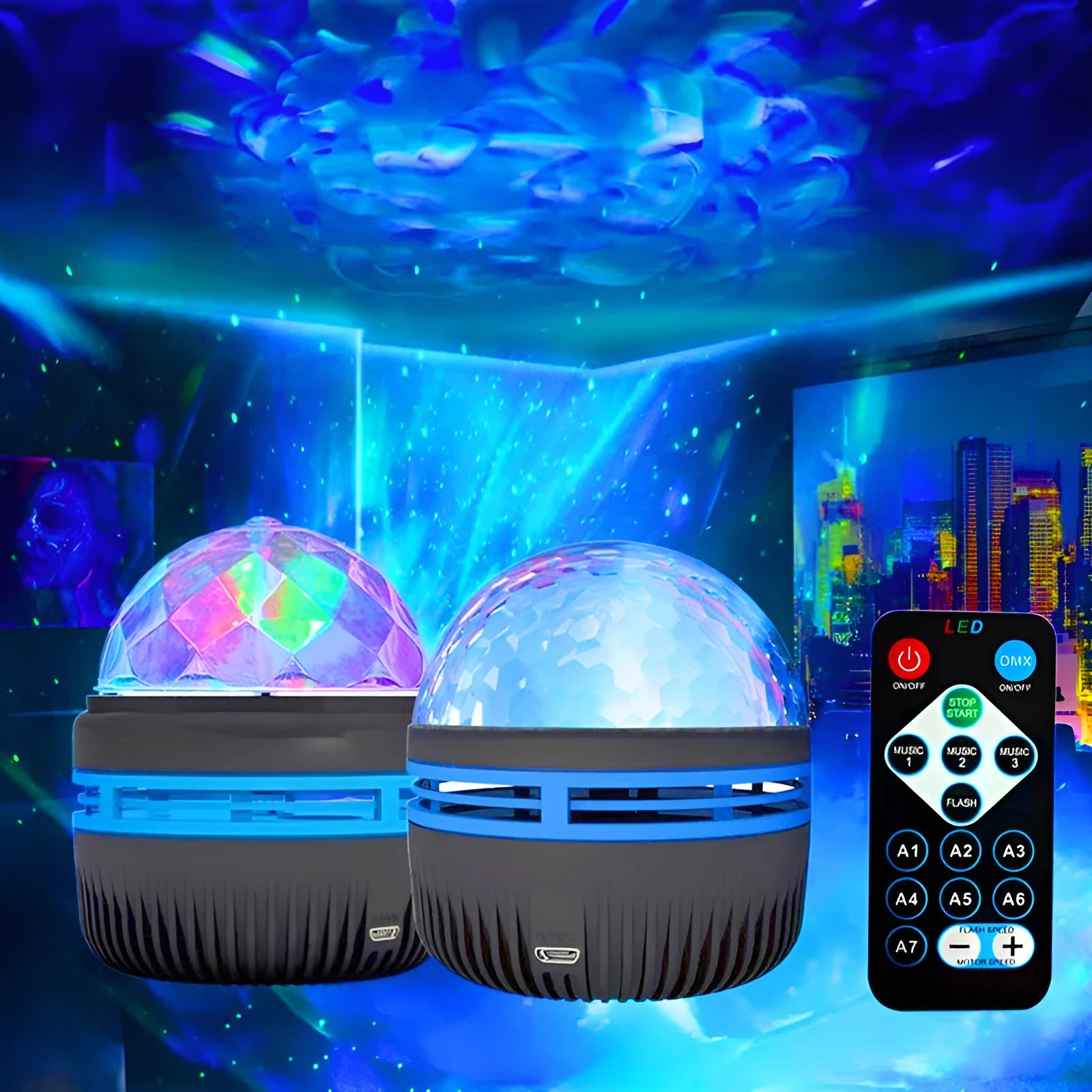 USB-powered LED star galaxy projector night light with removable acrylic shade and colourful rotating magic ball effects.