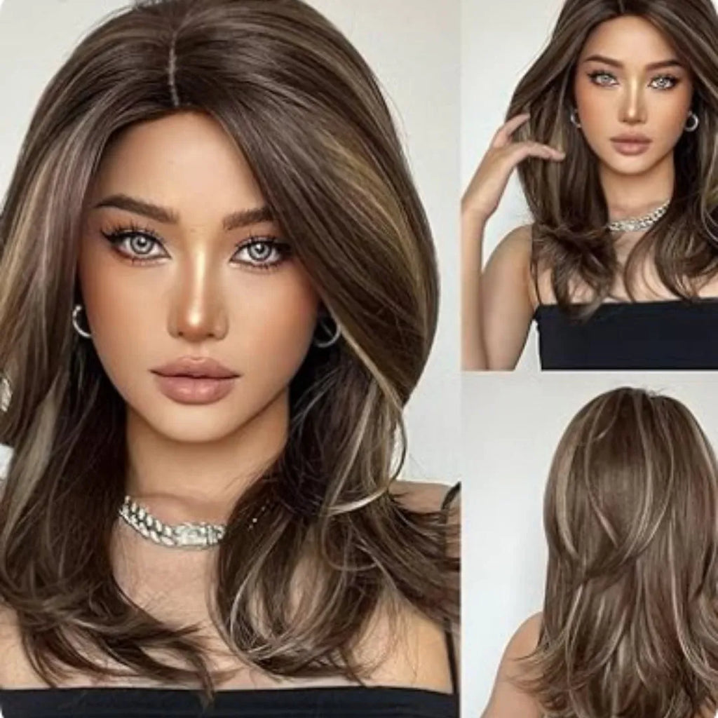 Mid-length curly gradient colour wig in high-temperature fibre on a stand.