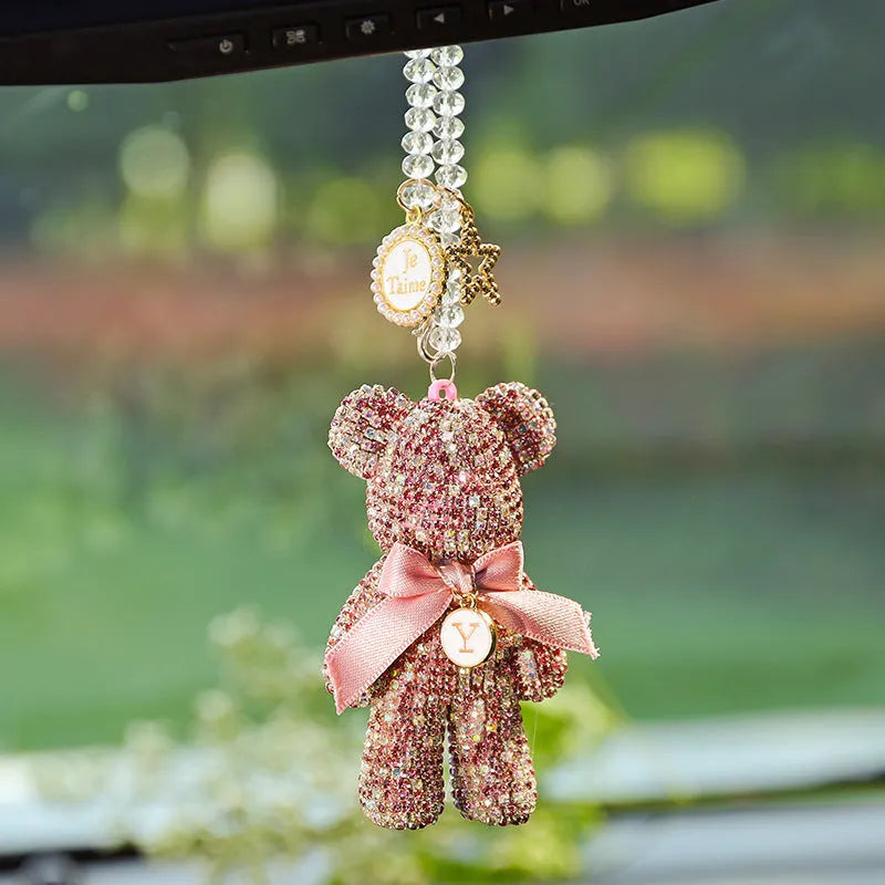 White, pastel, and black Violent Bear car mirror pendant with rhinestones, 5cm by 9cm.