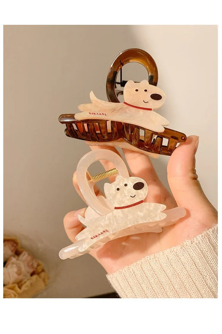 Korean style hair barrette with cartoon puppy decoration in beige and brown colour options