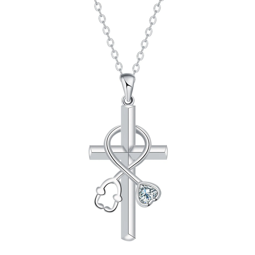 Copper cross stethoscope pendant necklace on a cross chain with electroplated finish.