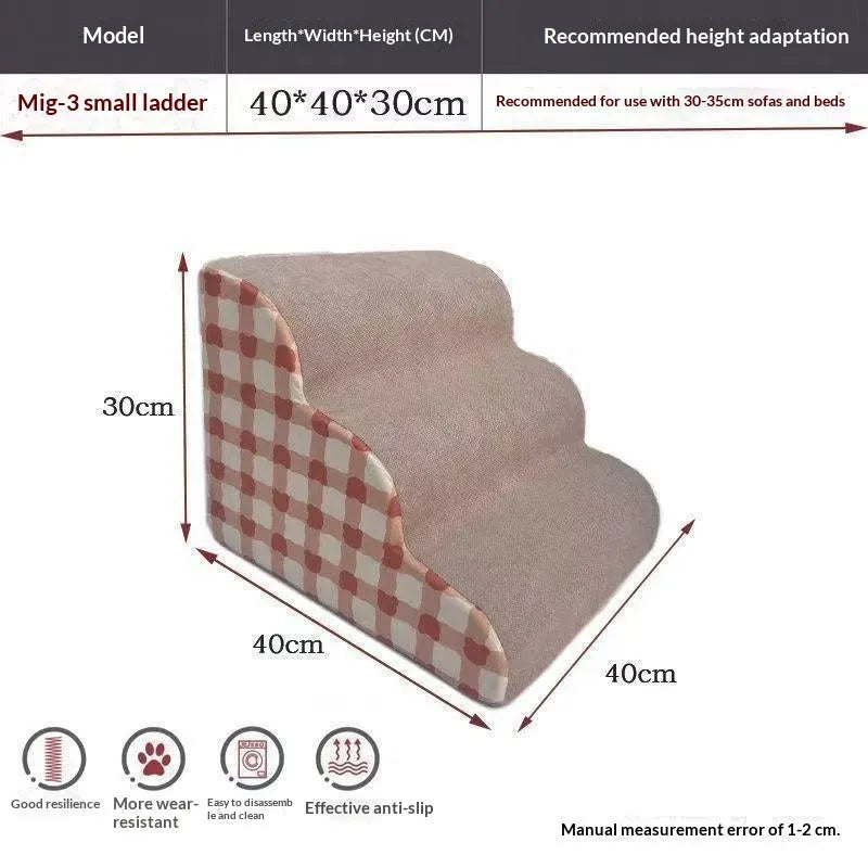 Wooden pet climbing ladder with fabric steps in orange bear plaid pattern beside a bed