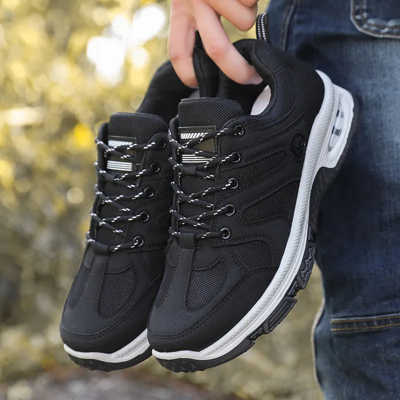 Men's breathable mesh trainers with EVA sole, colourblocking upper, round toe, elastic lace-up, in black camel or grey