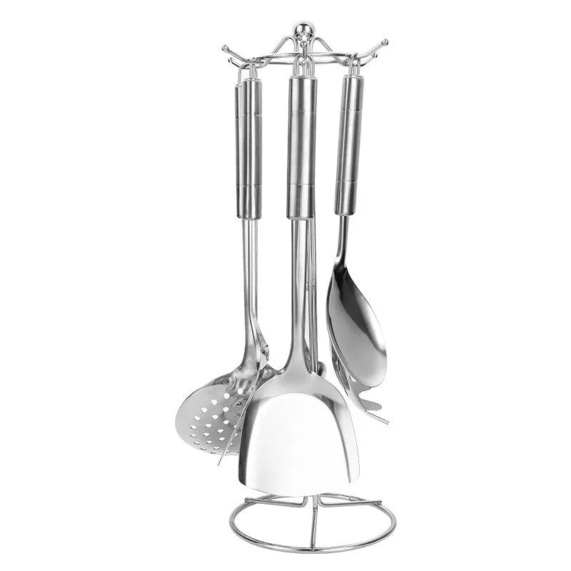 6 piece stainless steel kitchenware set with anti-scalding handles, including shovel, soup spoon, colander, frying shovel, rice spoon and vermicelli