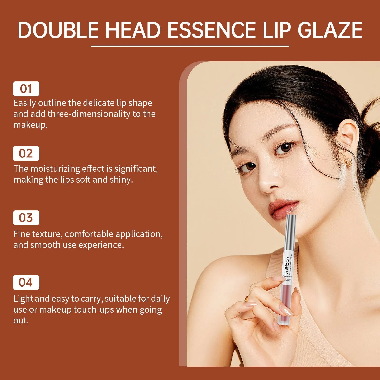 Double-headed lip liner and lip lacquer pen for makeup application in three colour shades.