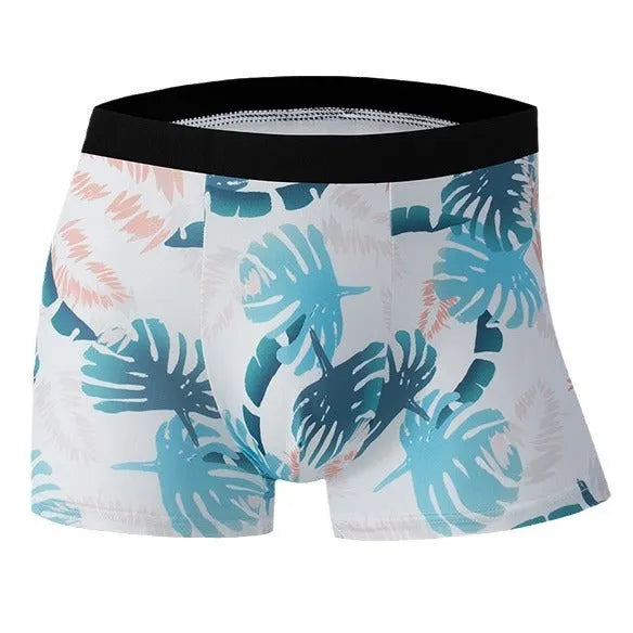 Ice silk men's boxer shorts with floral print, showing mid waist fit and breathable polyester fabric.
