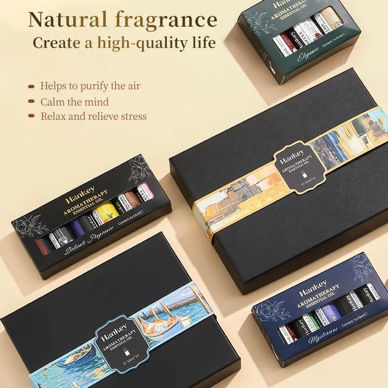 Boxed water-soluble aromatherapy essential oil sets in multiple sizes for diffuser use