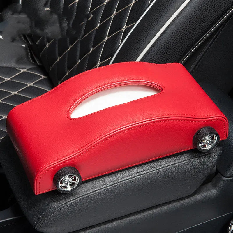 Leather car tissue box 24x12x6cm for dashboard or centre console, with optional temporary stop sign