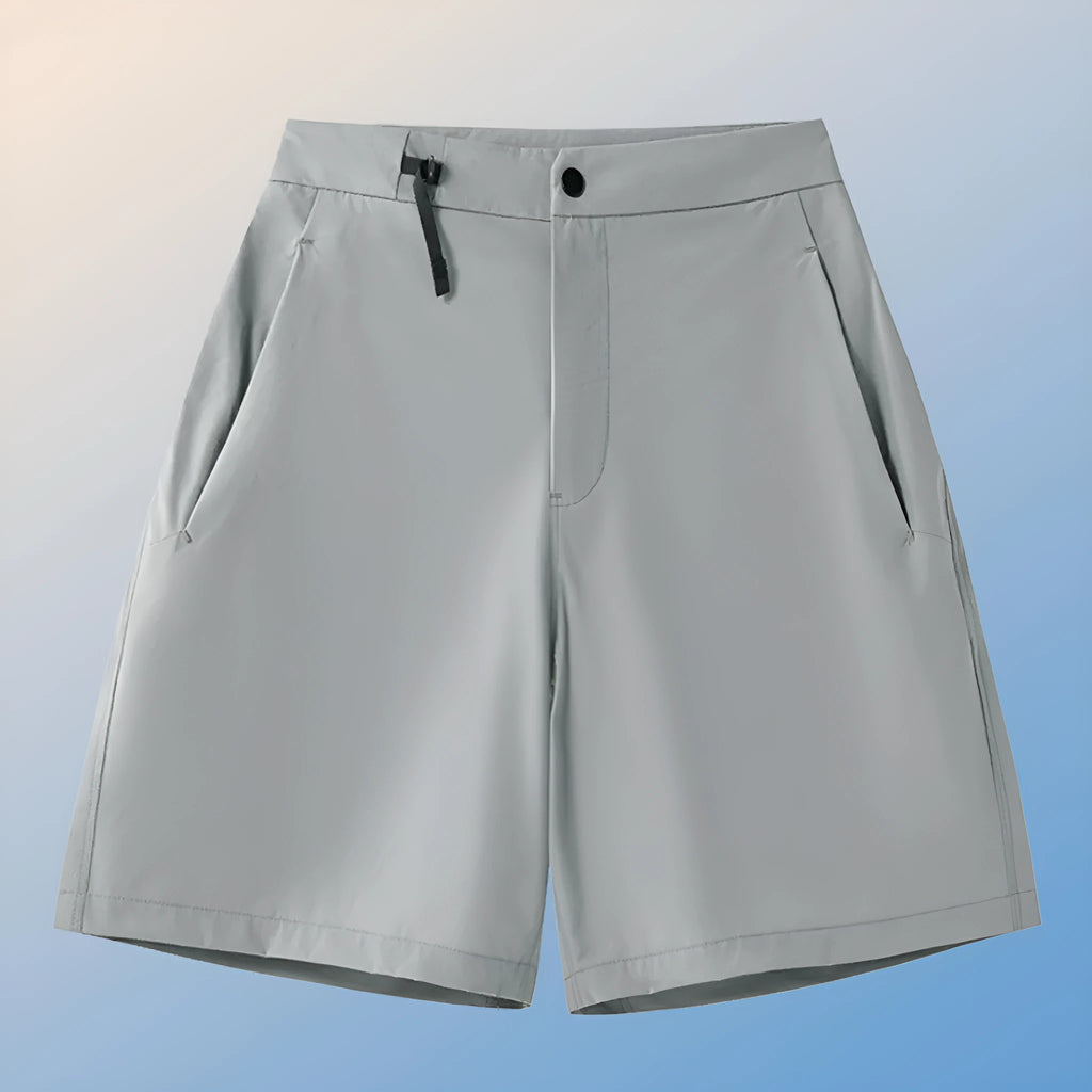 Men's solid colour sport shorts with elastic waistband, shown in army green, for running and climbing activities.