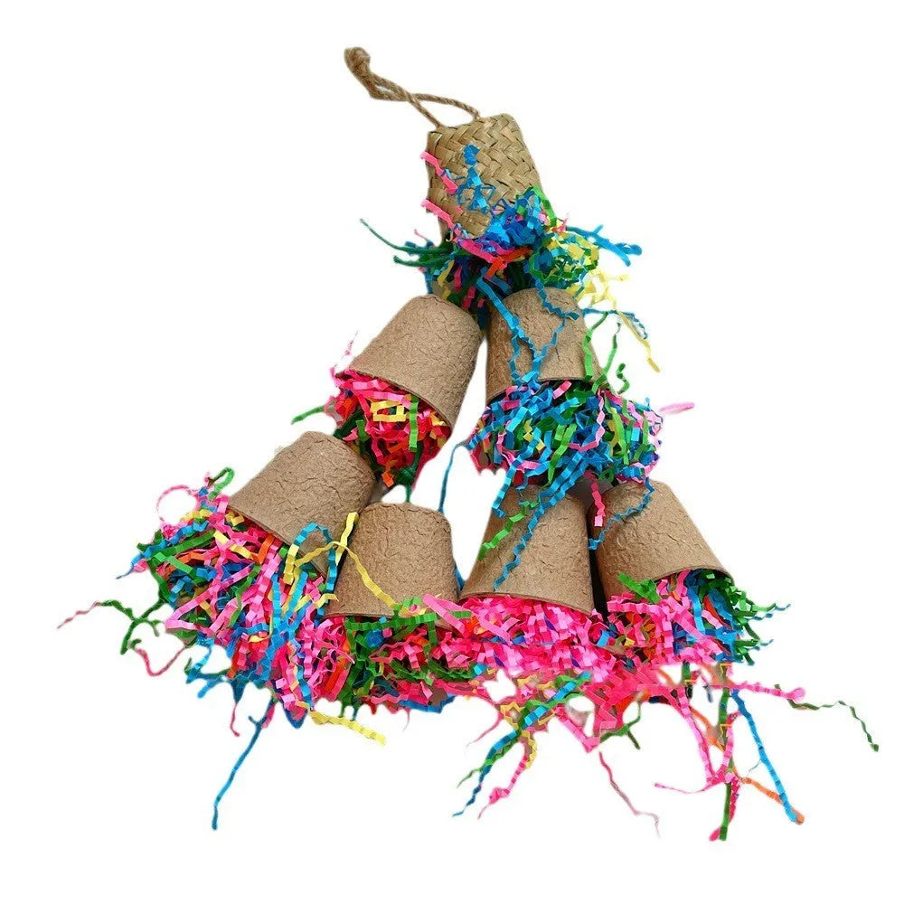 Paper cup palm weaving parrot chewing toy with 38cm hanging height