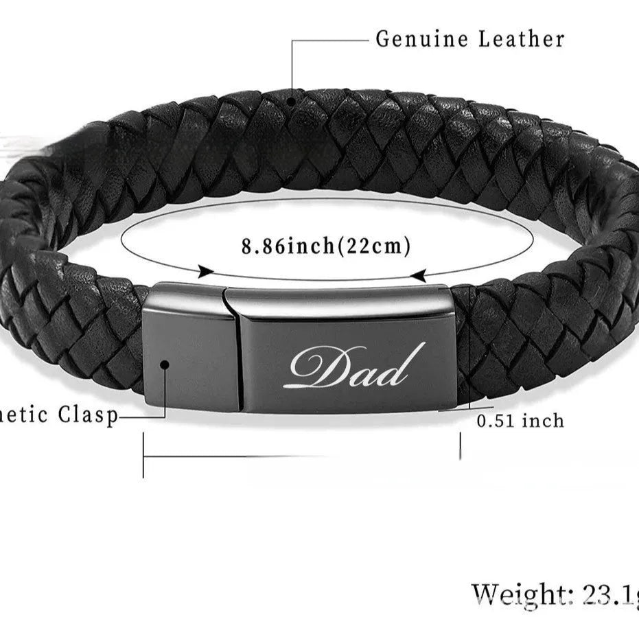Black leather and stainless steel woven memorial bracelet with personalised lettering