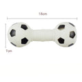Brown, orange, white and yellow PVC football dumbbell dog toy with squeaker.