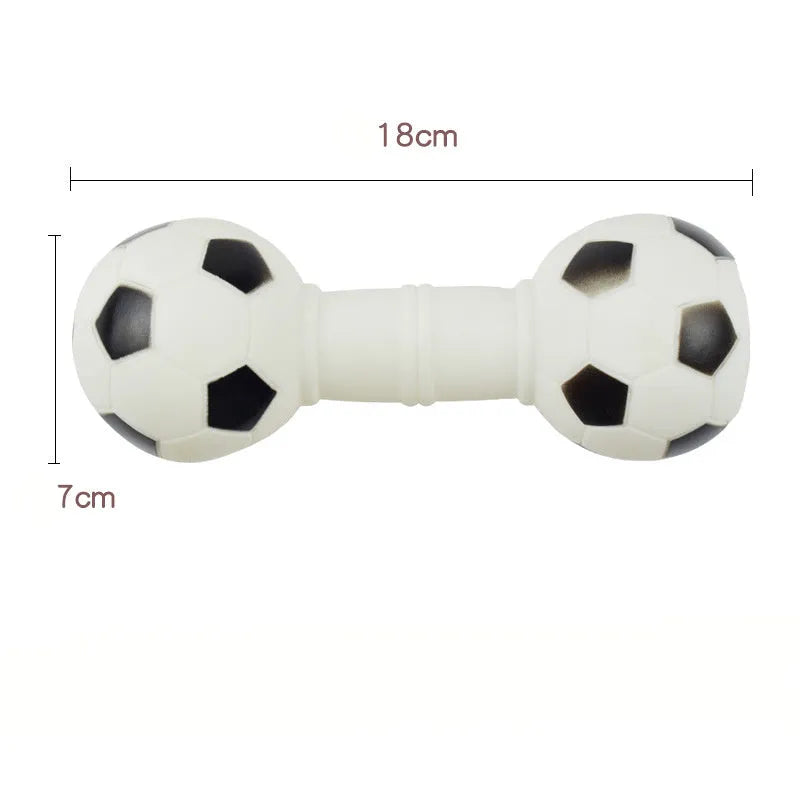 Brown, orange, white and yellow PVC football dumbbell dog toy with squeaker.
