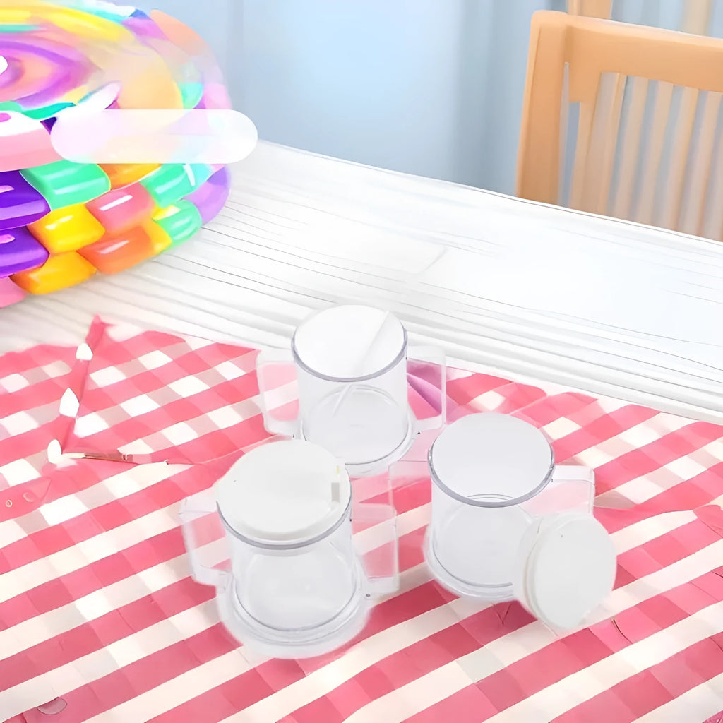 Clear transparent plastic spill-proof drinking cup with modern design.