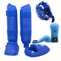 Red and blue karate protective gear set with leg guards, helmet and boxing gloves