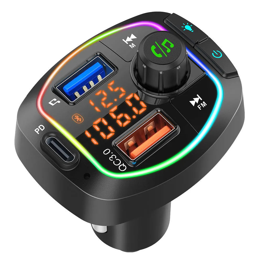BC66 black car MP3 Bluetooth player with dual digital tube display, fast charging and seven-colour ambience light
