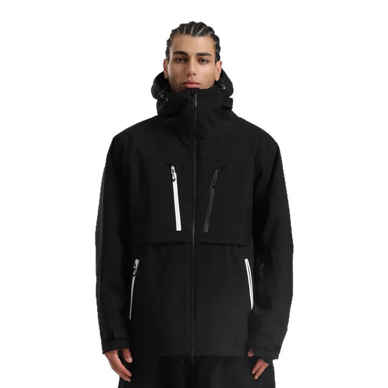 Waterproof padded breathable loose ski coat in khaki, front view, unisex design for snow sports