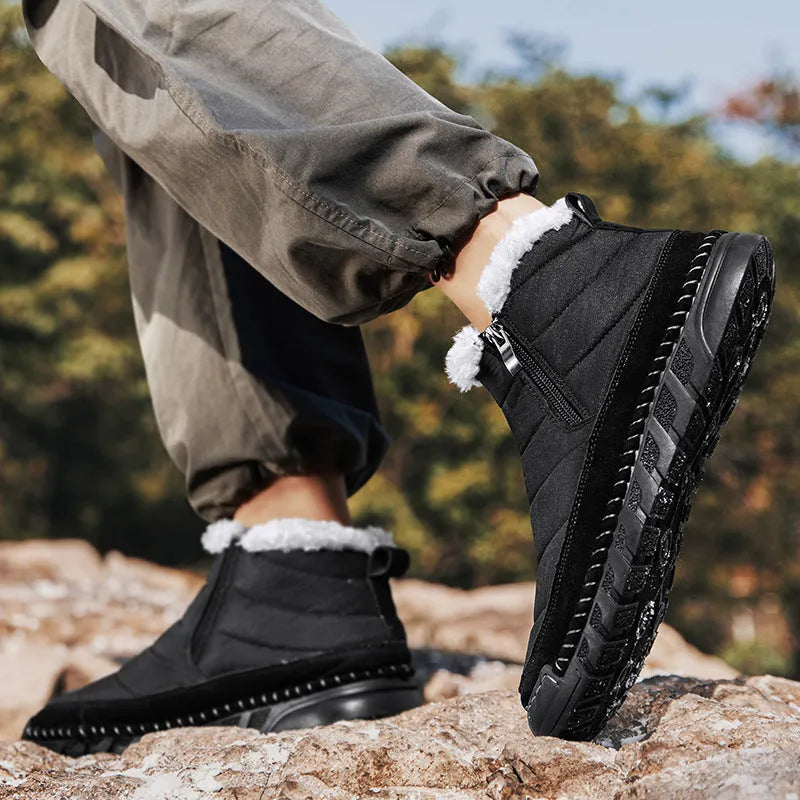 Men's plus size winter snow boots in green with round toe, flat heel, and a non-slip rubber sole.