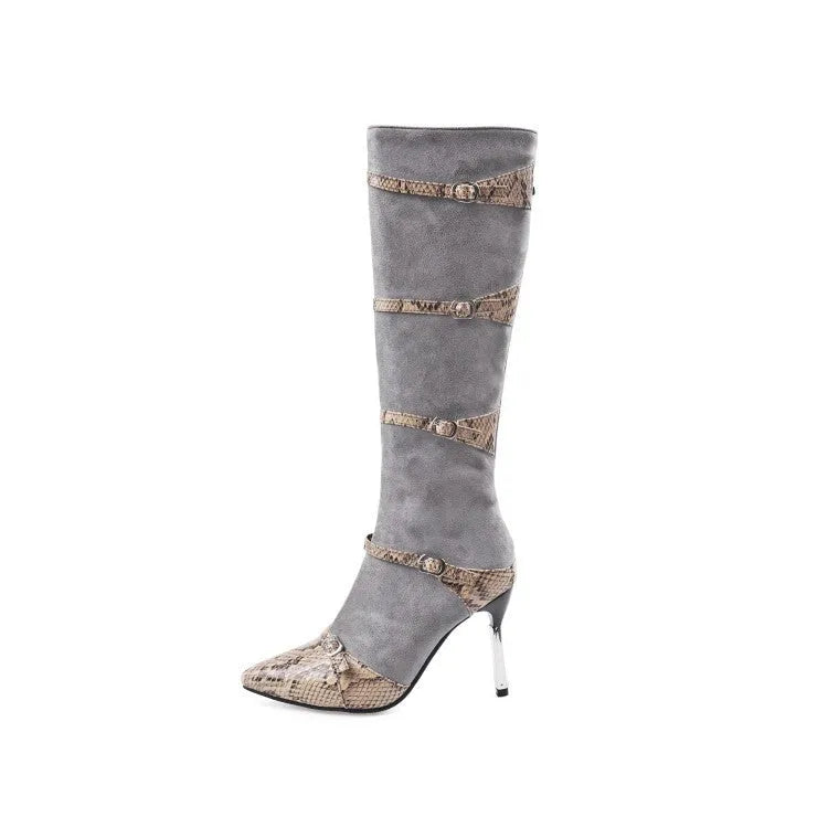 Women's black knee high boots with thin high heels and velvet lining
