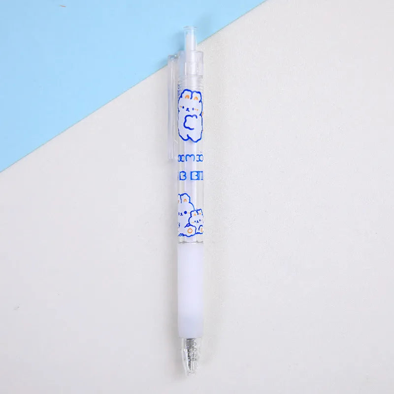 Set of six colourful bear and bunny character press pen knives on a white background.