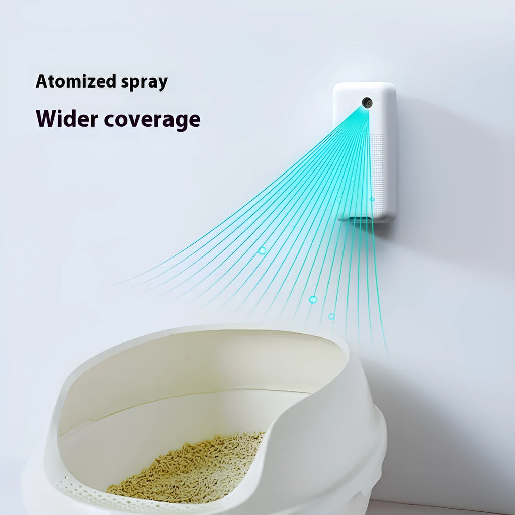Xiaopei smart spray pet odour removal machine and mounting bracket on white background.