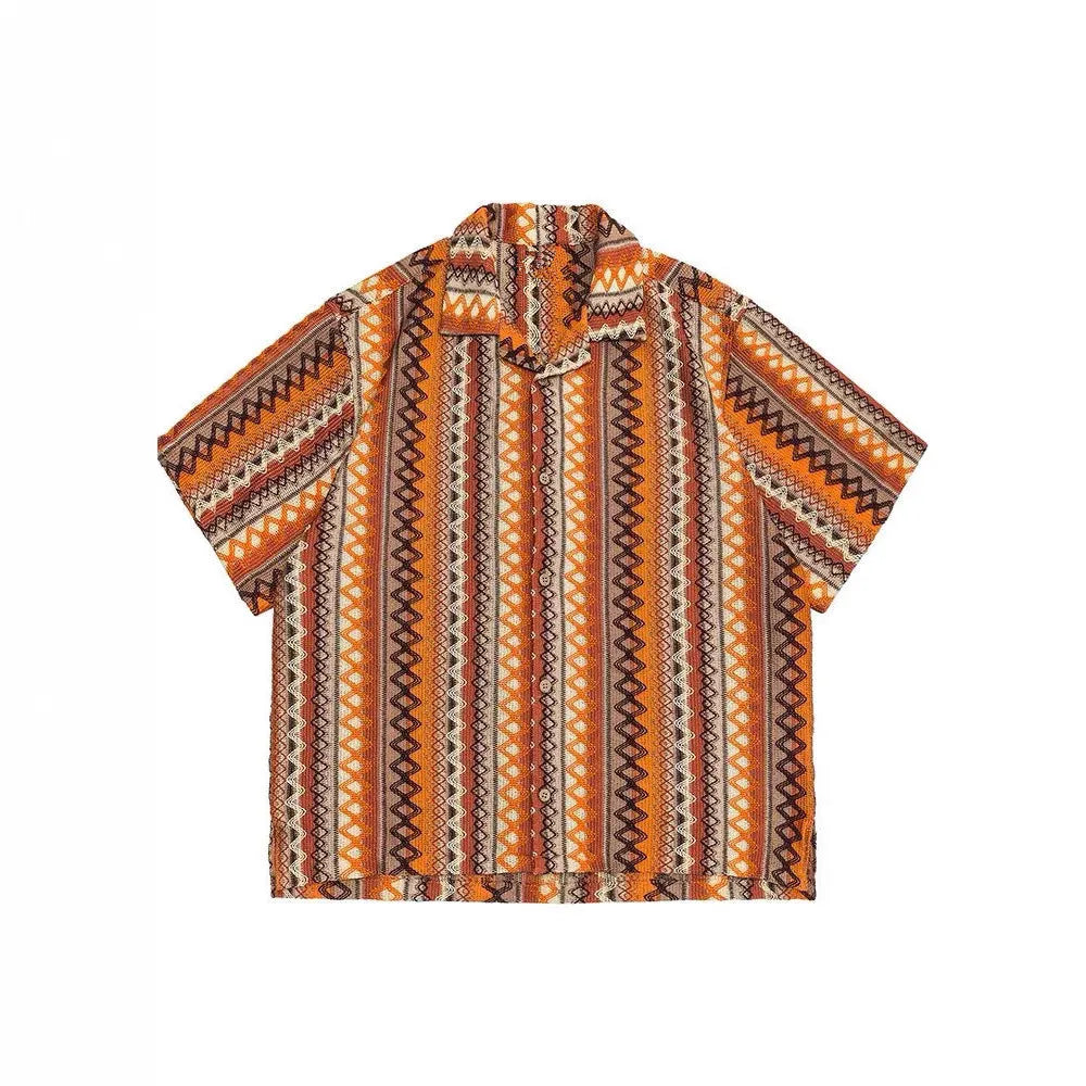 Ethnic woven Cuban collar shirt with contrast colour design and drop-shoulder sleeves