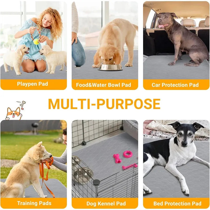 Washable dog pee pads in neutral tan and grey colours measuring 18x24 inches