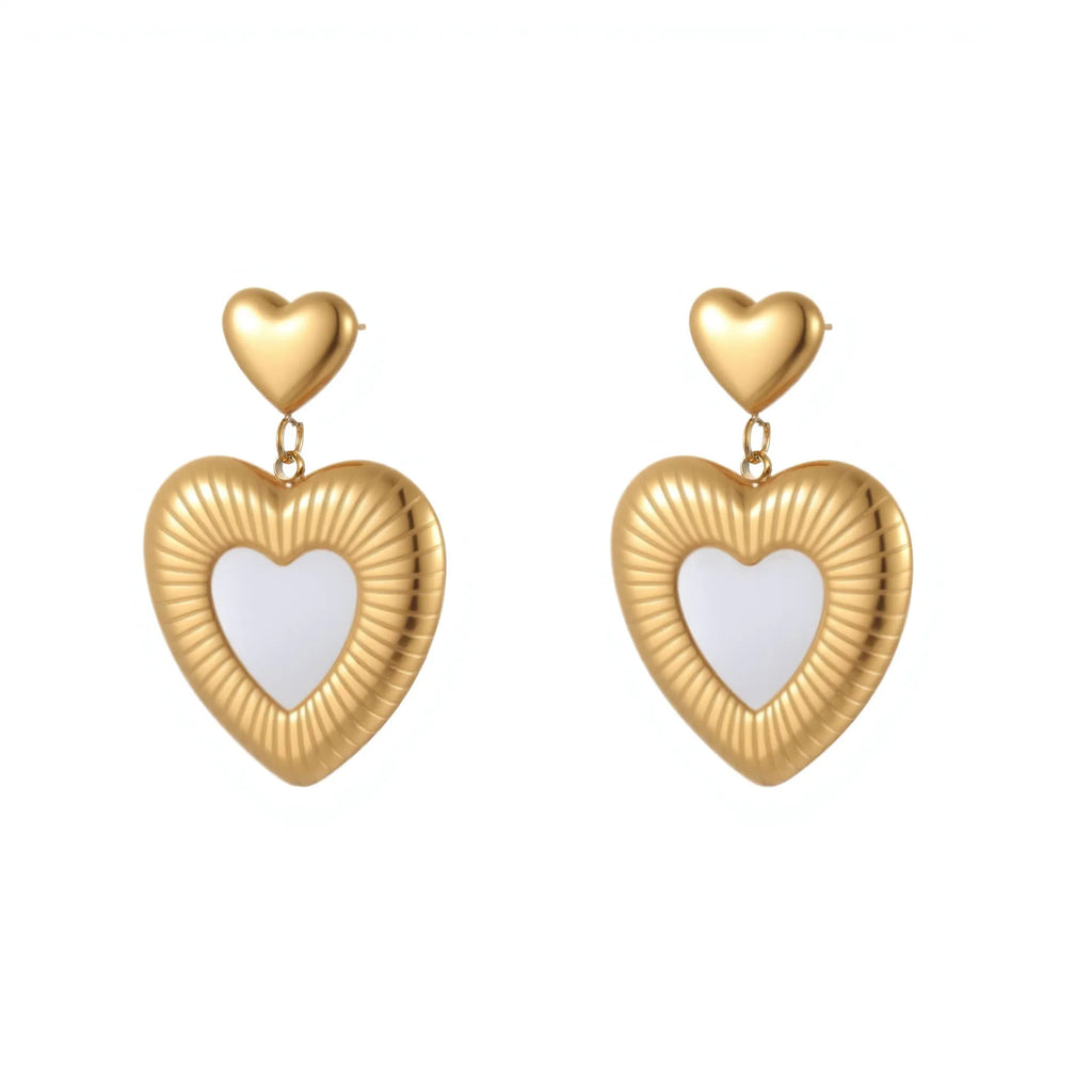 Gold-coloured heart-shaped stainless steel earrings with electroplated finish for women