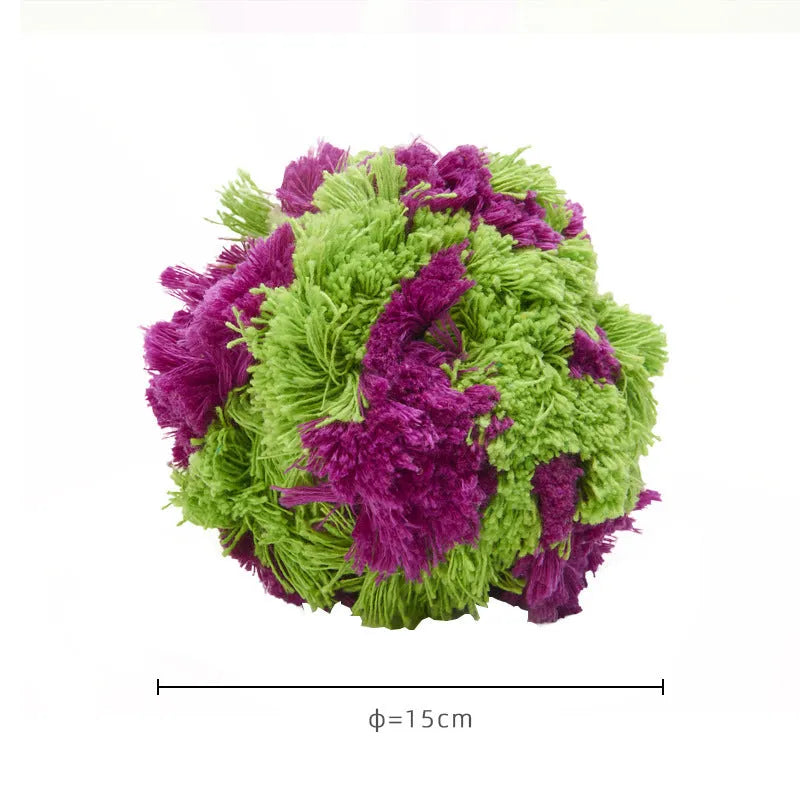 Purple plush dog ball toy with seaweed knots measuring 15cm diameter