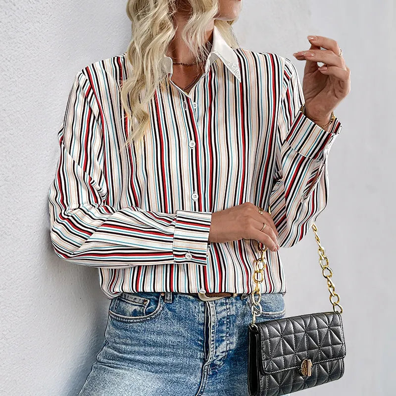 Wine red striped lapel shirt for women with long sleeves and loose fit, full elastic force fabric
