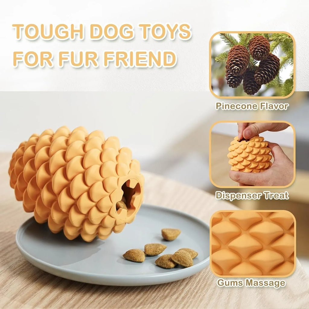 Yellow pine cone shaped natural rubber dog chew toy with treat dispenser
