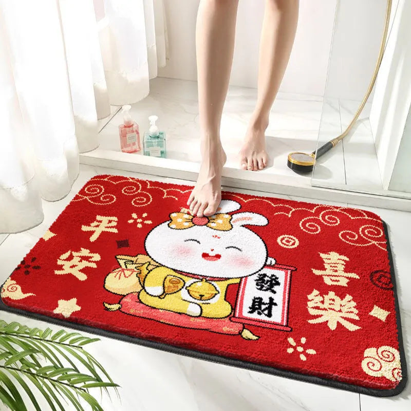 Cartoon non-slip bathroom mat with fountain whale pattern in polyester fibre