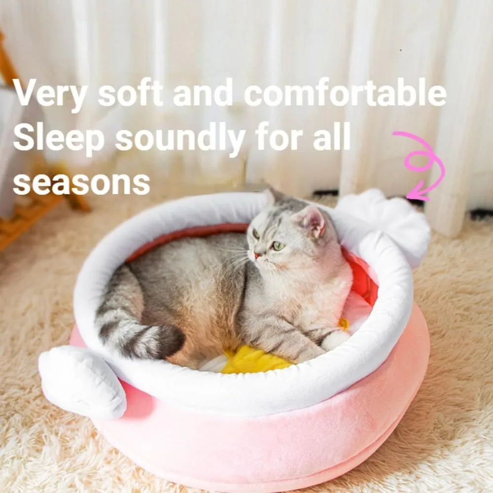 Honey pot shaped cat sofa bed with magic wand design in soft fabric, showing removable nest pad.