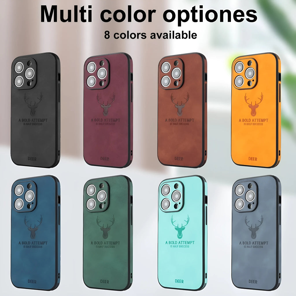 iPhone 16 series imitation leather phone case with embossed moose head print and magnetic charging feature.