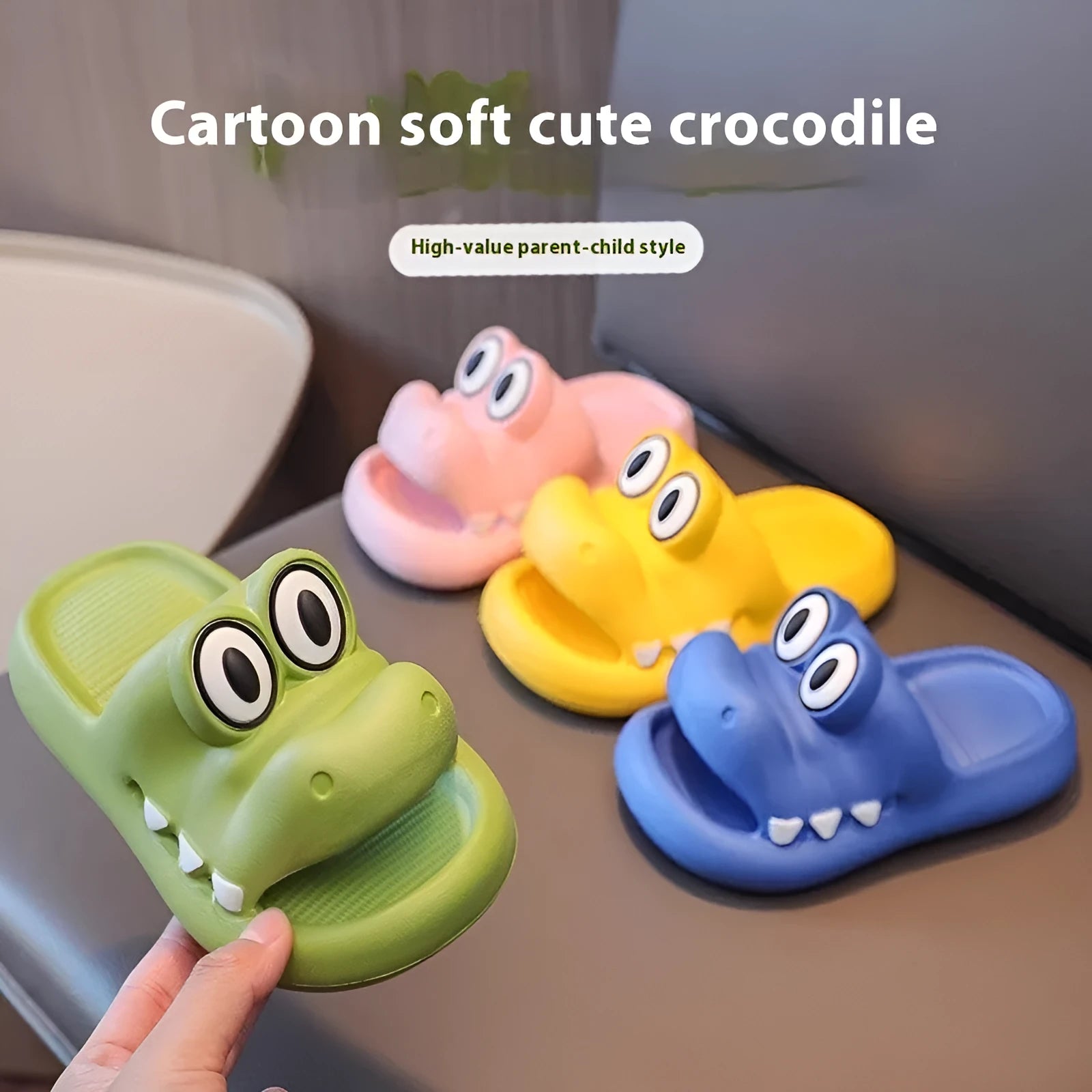EVA platform sandals with animal pattern in blue, green, pink, or yellow for children and youth.