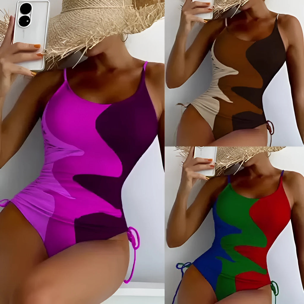 Women's blue one-piece swimsuit with sleeveless design and fixed swimming trunks