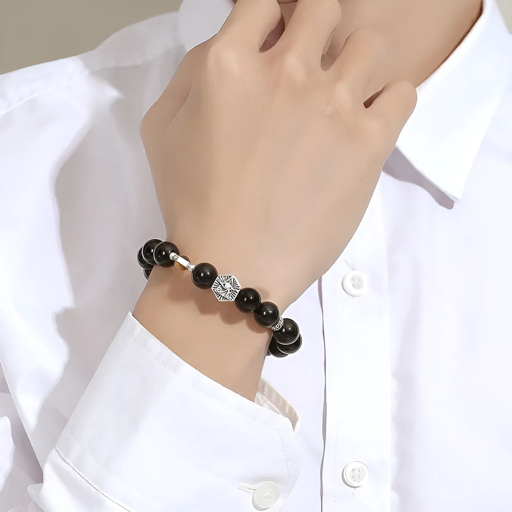 Men's S925 sterling silver bracelet with tigereye obsidian bead and God's Eye inlay design