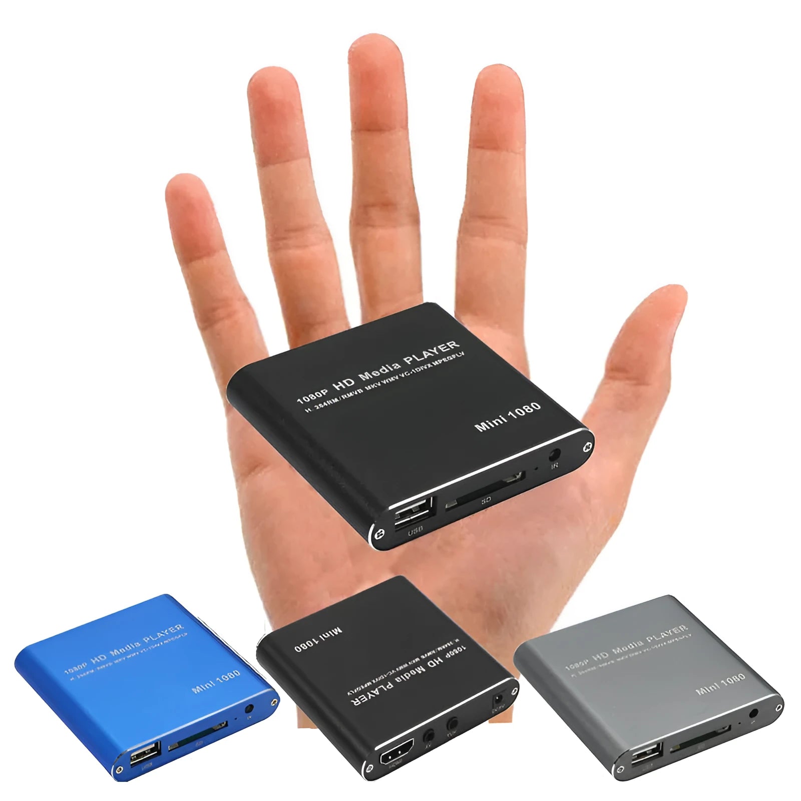 Blue and black 1080p HDMI media player for SD cards, USB drives, and external hard drives