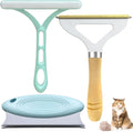 3-piece pet hair remover set with metal tool, silicone brush, and round carpet scraper on a fabric surface.
