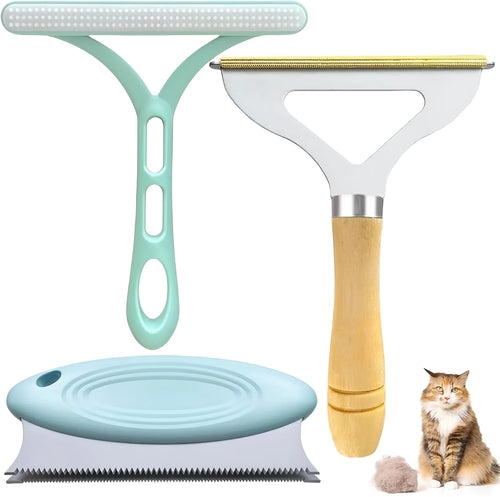 3-piece pet hair remover set with metal tool, silicone brush, and round carpet scraper on a fabric surface.