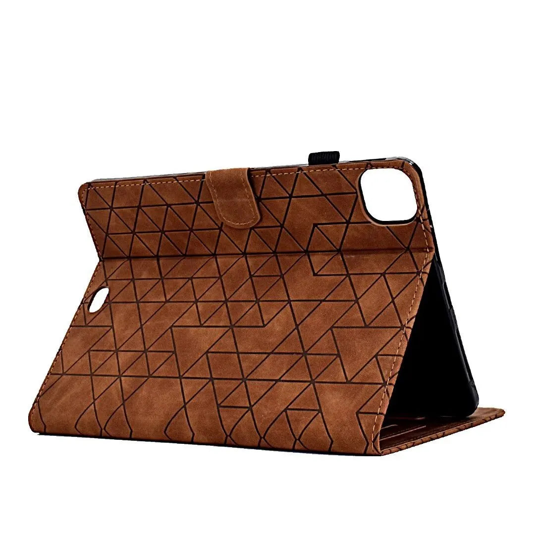 iPad Pro 11 leather case with diamond frosted texture showing card slots and adjustable stand mechanism