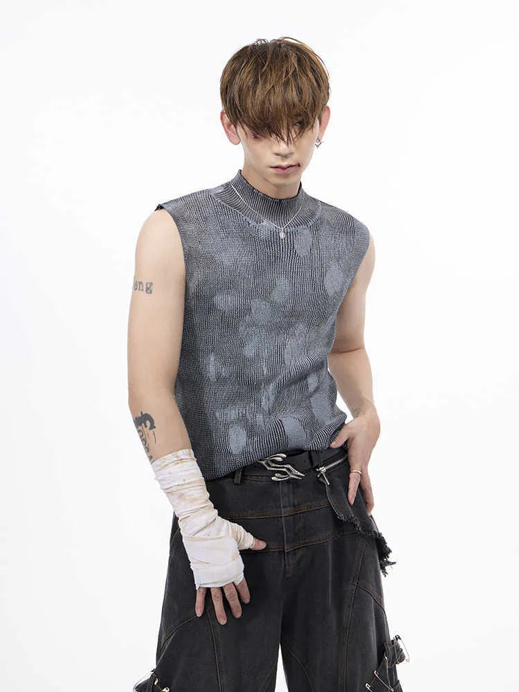 Black men's sleeveless t-shirt with silver pastebrushing texture and stand collar, showing pullover vest styling